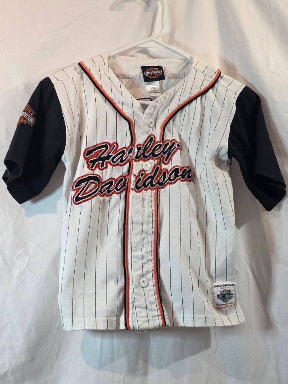 Harley Davidson Youth Pinstripe Baseball Jersey Size 7 Stitched Patches